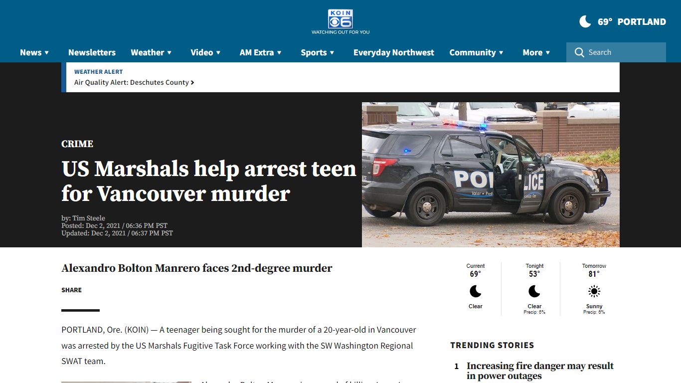 US Marshals help arrest teen for Vancouver murder | KOIN.com